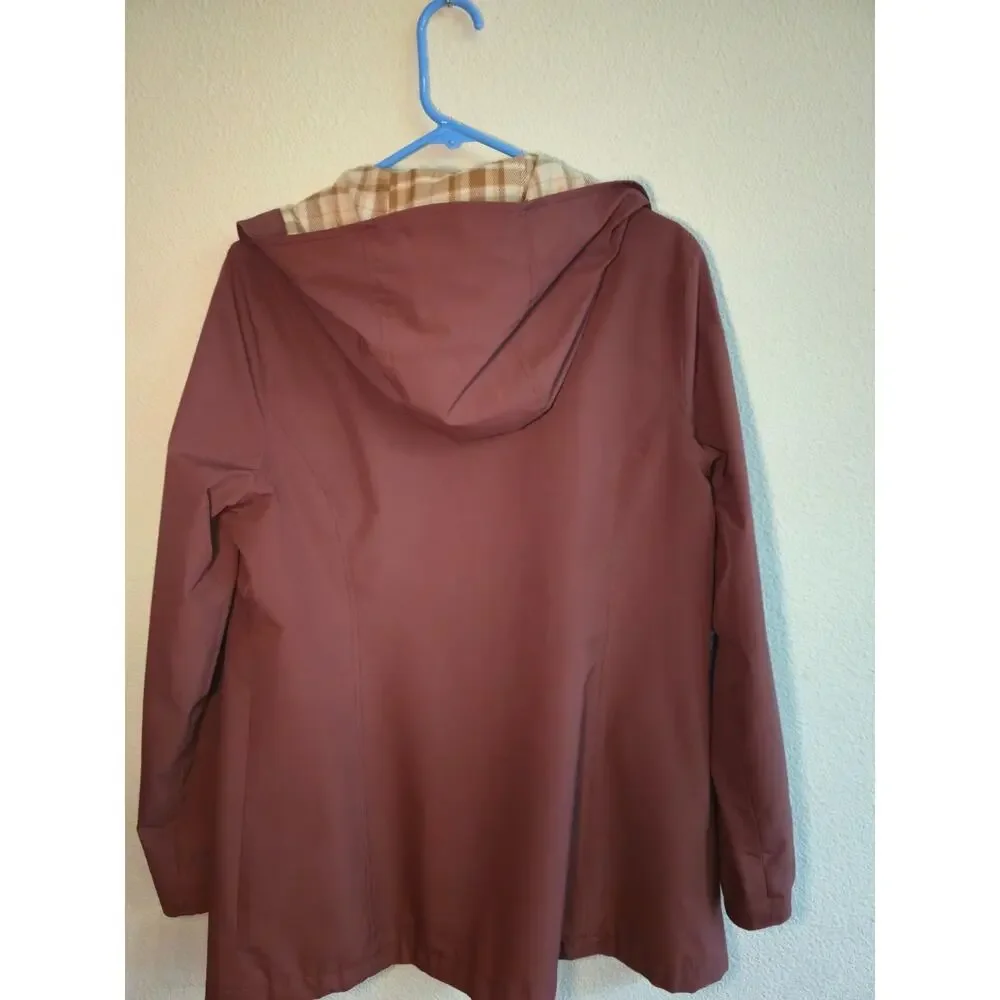 LL Bean Plaid Lined Hooded Rain Jacket Maroon Burgundy Coat Women's Size S Reg